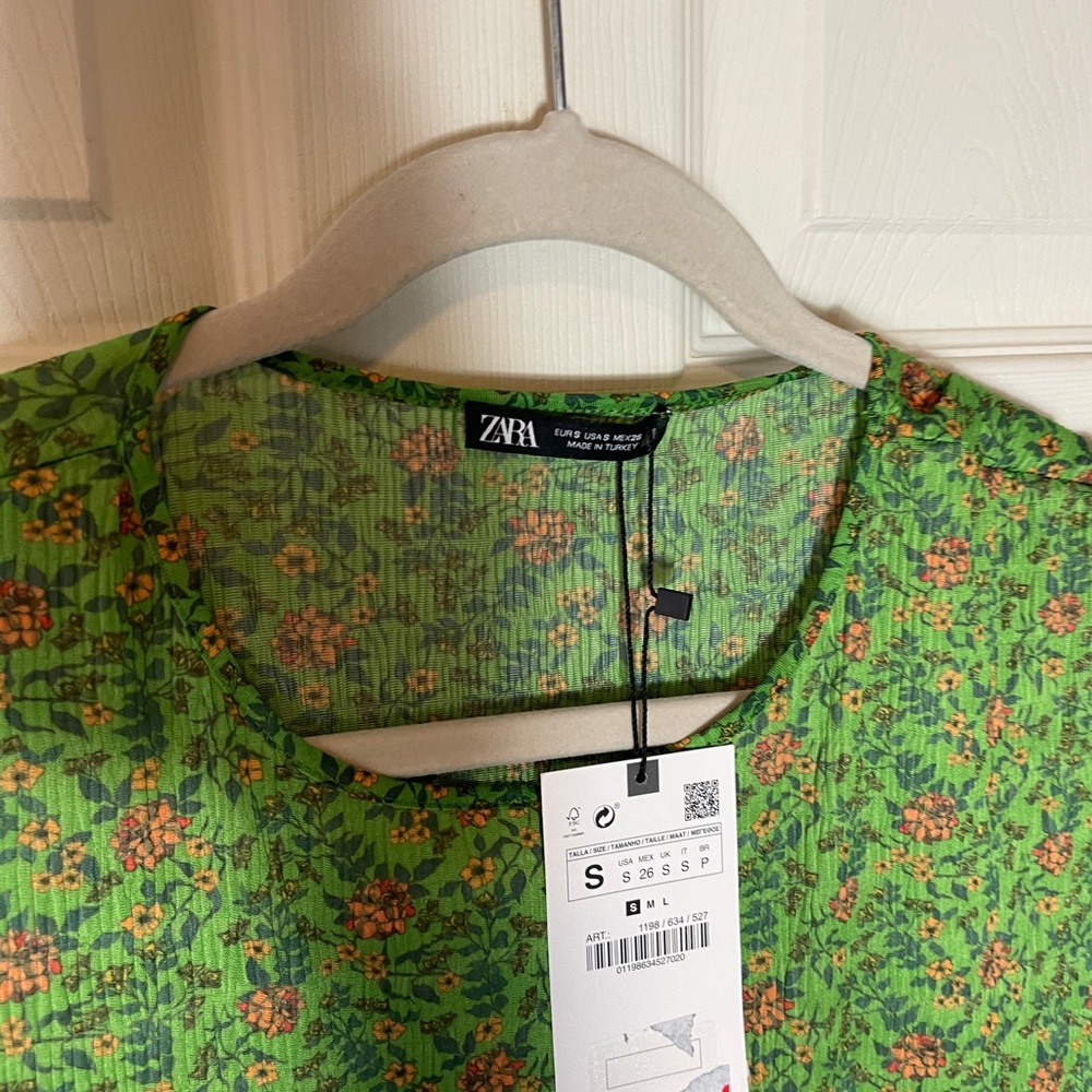 NEW Zara Printed midi dress S womens green floral flare - Picture 5 of 11